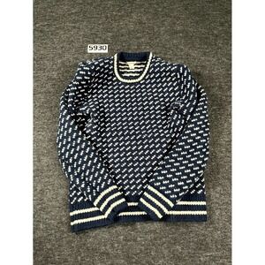 Felted Knit Navy and White Patterned Crewneck Sweater